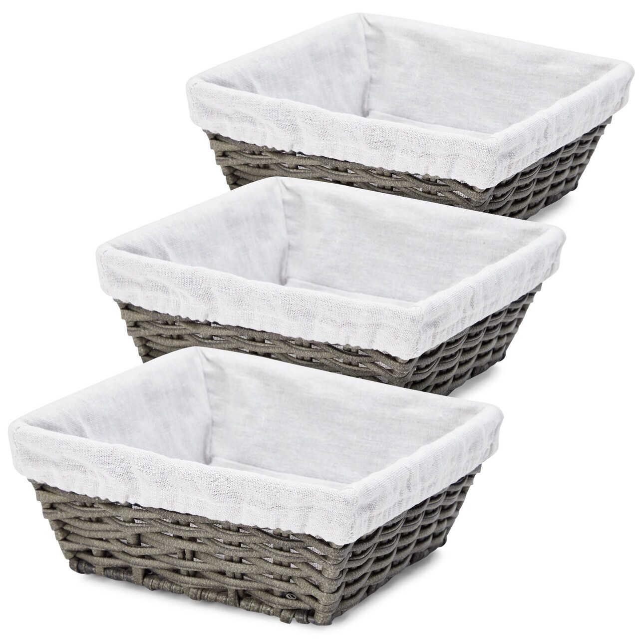 3-Pack 9 inch Square Wicker Storage Baskets with Liners - Small Woven Bins for Organizing Kitchen, Closet Shelves, Bathroom, Laundry